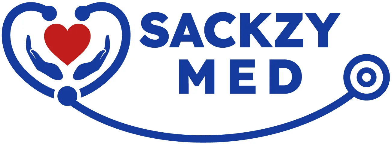 Sackzy Medical Services LLC logo: a heart cradled by two hands, encircled by a stethoscope forming a larger heart.